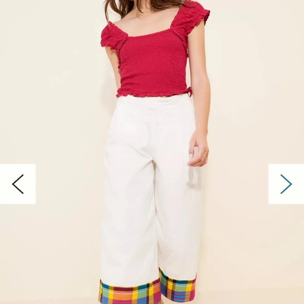 Anthropologie White Wide Leg Pants with Multicolor Plaid Trim - Picture 3 of 4